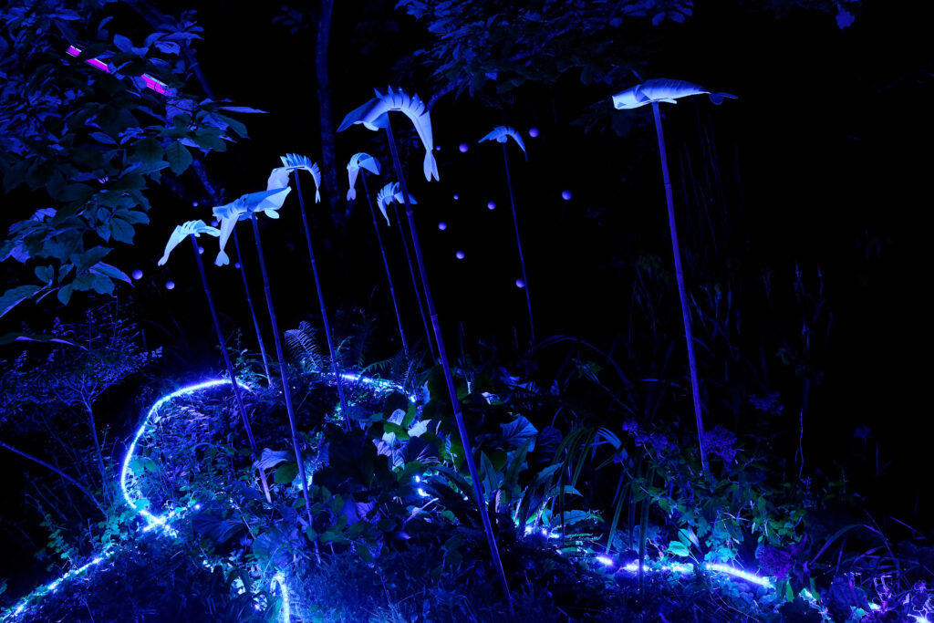 Jardin du crépuscule - promenade immersive dans un jardin privée. Son, lumière, artiste, installation scénographique, ambiance olfactive. Produit et réalisé par l'association Scène Sur Loing